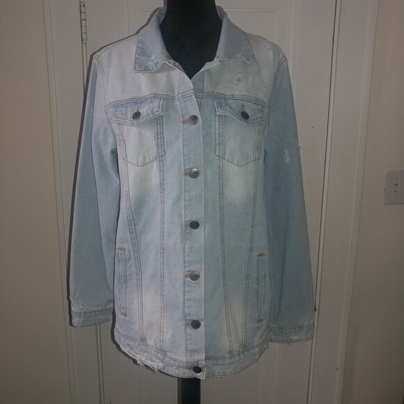 mono b: Distressed Ripped Light Wash Denim Jacket - Women's Size Large - Picture 1 of 11